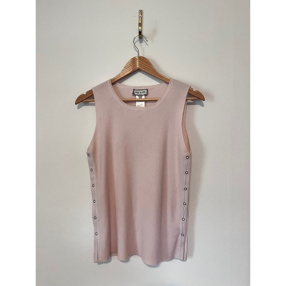 Paul & Joe Paris Pink 100% Cashmere Ribbed Sleeveless Snap Side Tank Top Size 2